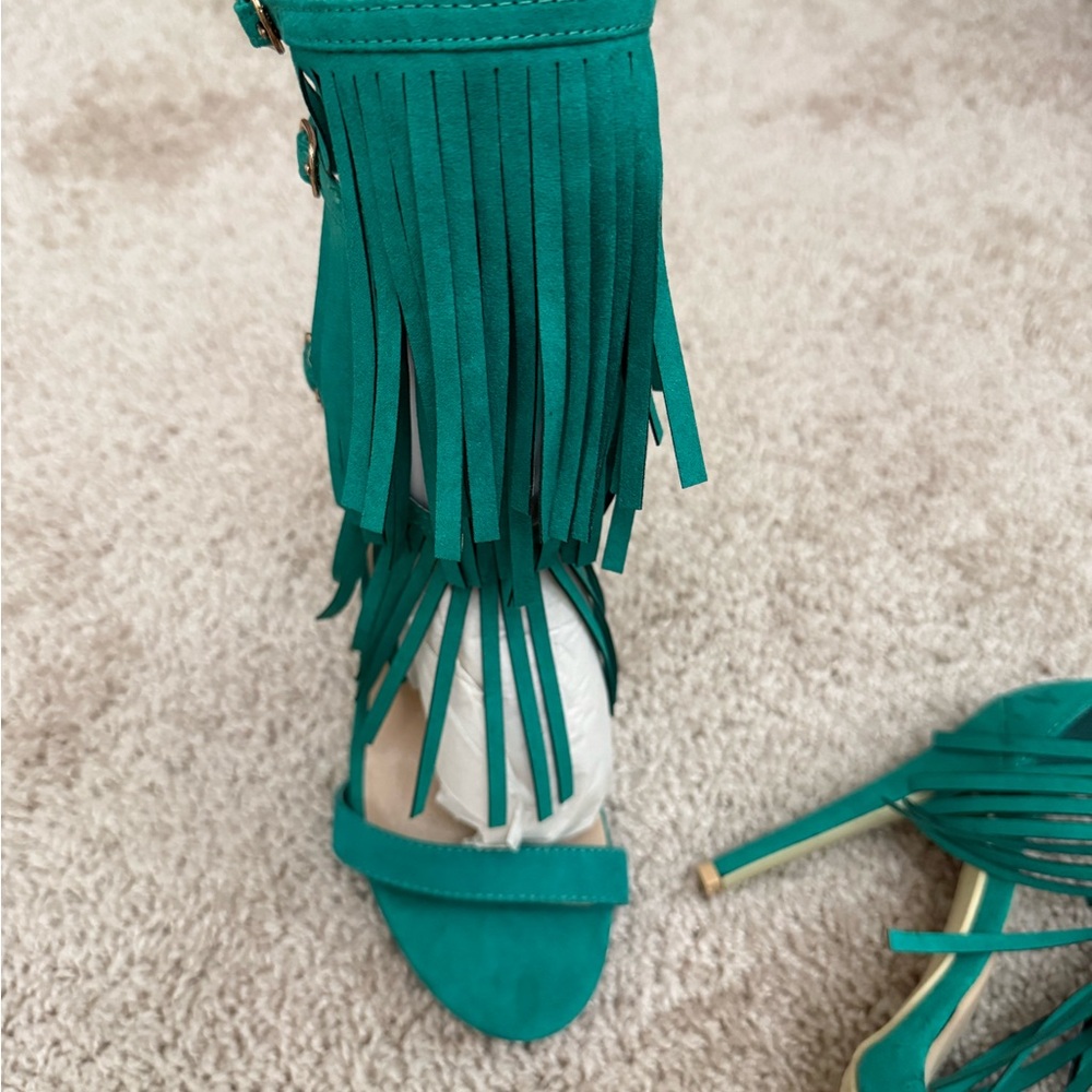 JustFab Turquoise Fringe Heels - Picture 4 of 5